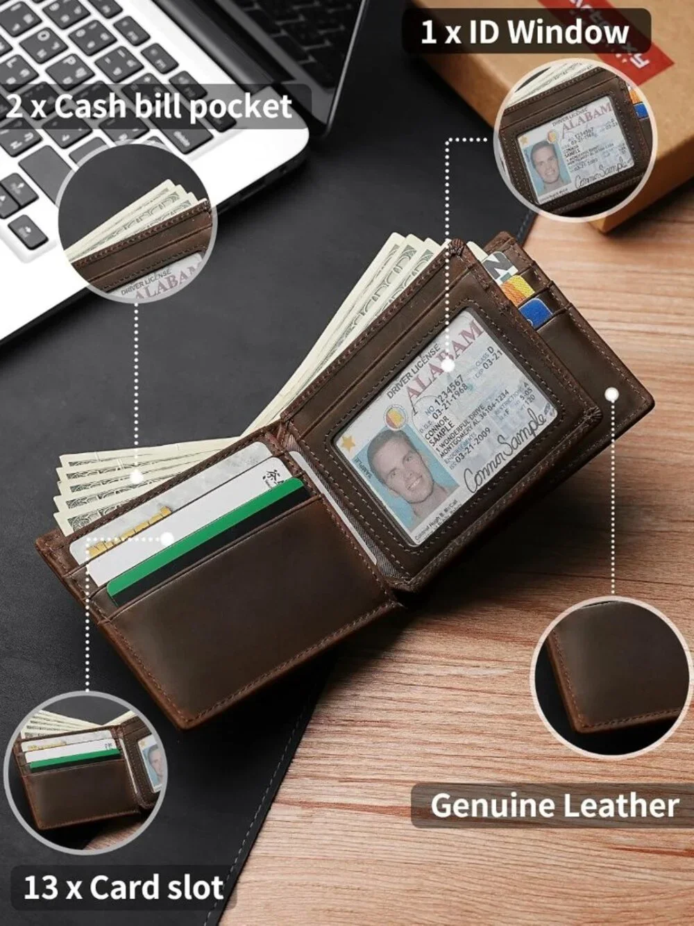 Genuine Leather Bifold Wallet for Men | RFID Blocking, 1 ID Window, 13 Card